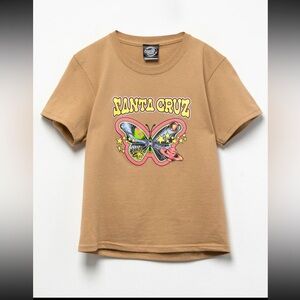 Santa CRUZ Galactic Butterfly Girls Boyfriend Ringer Tee Shirt in Sandy Brown- S